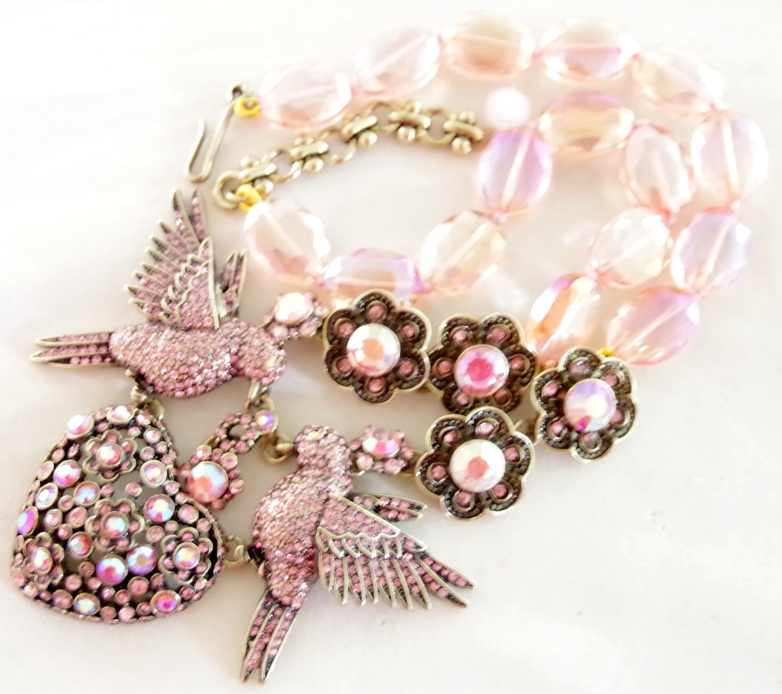 DESIGNER STYLE PINK AB CRYSTAL RHINESTONE LOVE BIRDS VALENTINE HEART NECKLACE