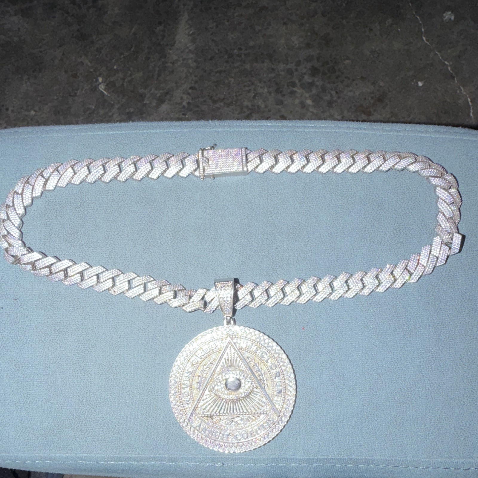 Silver Cuban Link Chain Necklace with Box Closure, Round Religious Medal Pendant