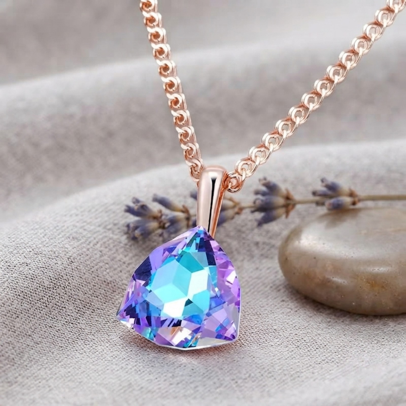 Bi Color Trillion Cut Necklace Rose Gold Cubic Zirconia Pendant Gift for Her