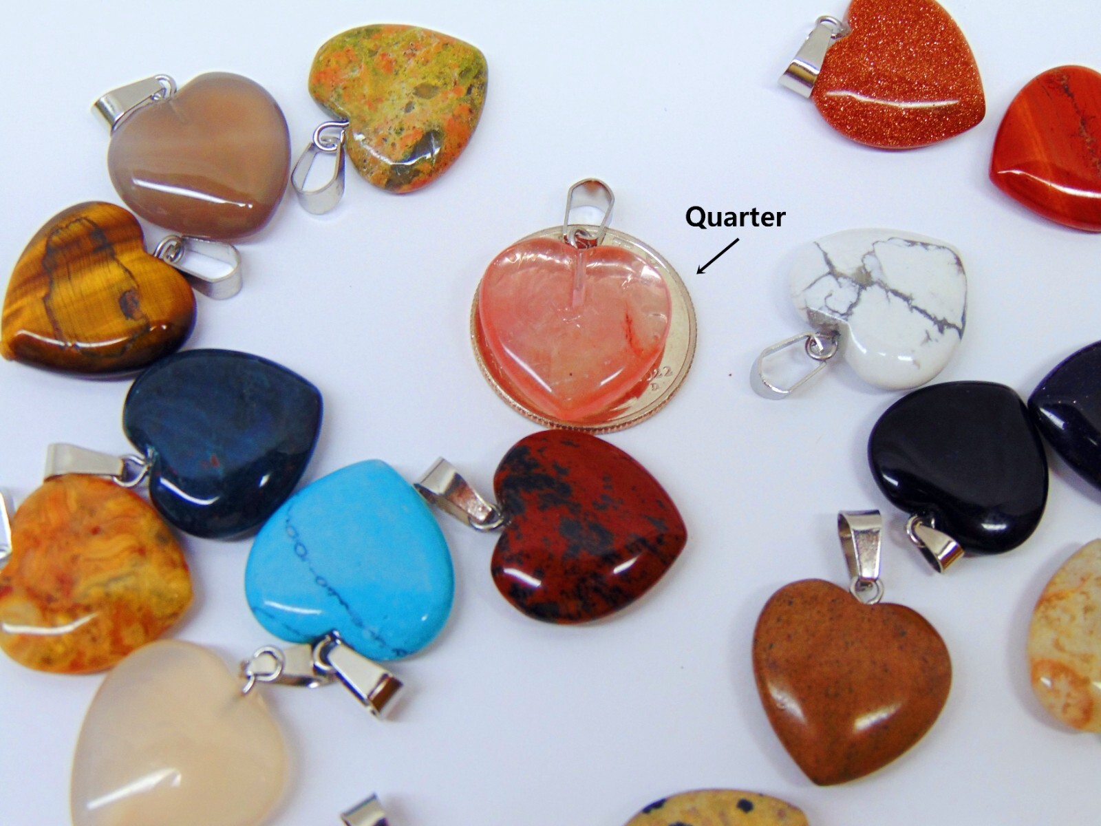 Ten Different 20mm GemStone Heart Pendants Mix with bail to make necklace 3/4″