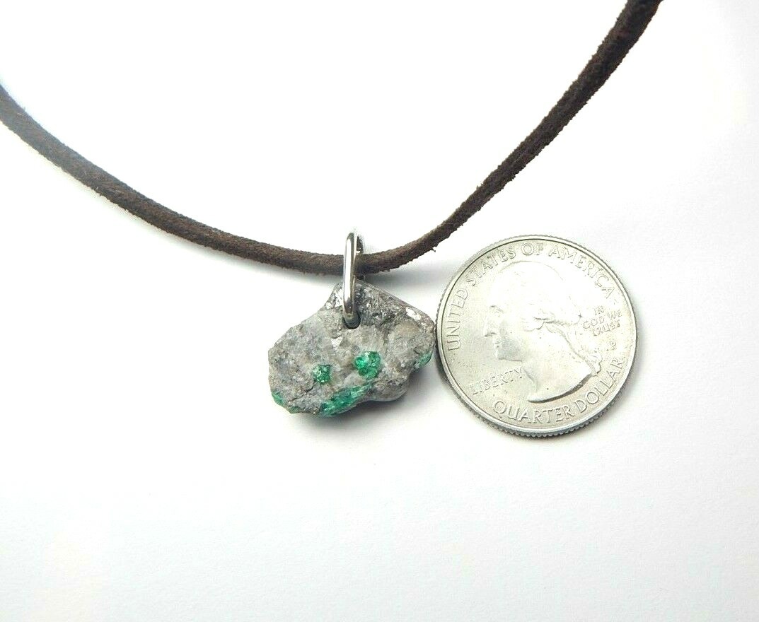Colombian Emerald Raw MineraL Beryl 12.00 Cts Silver- Leather Necklace Muzo Mine