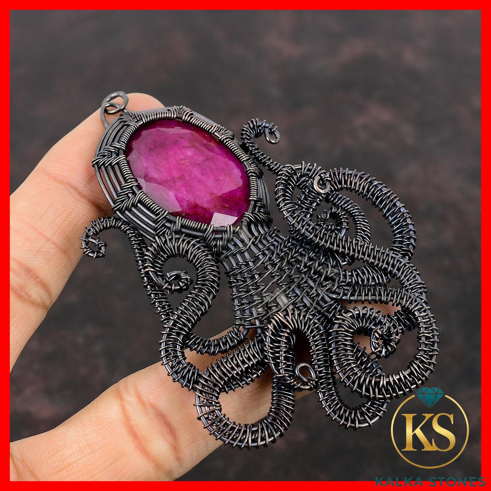 Copper Natural Kashmir Rubi Mother Octopus And Wire Wrapped Birthday New Pendant
