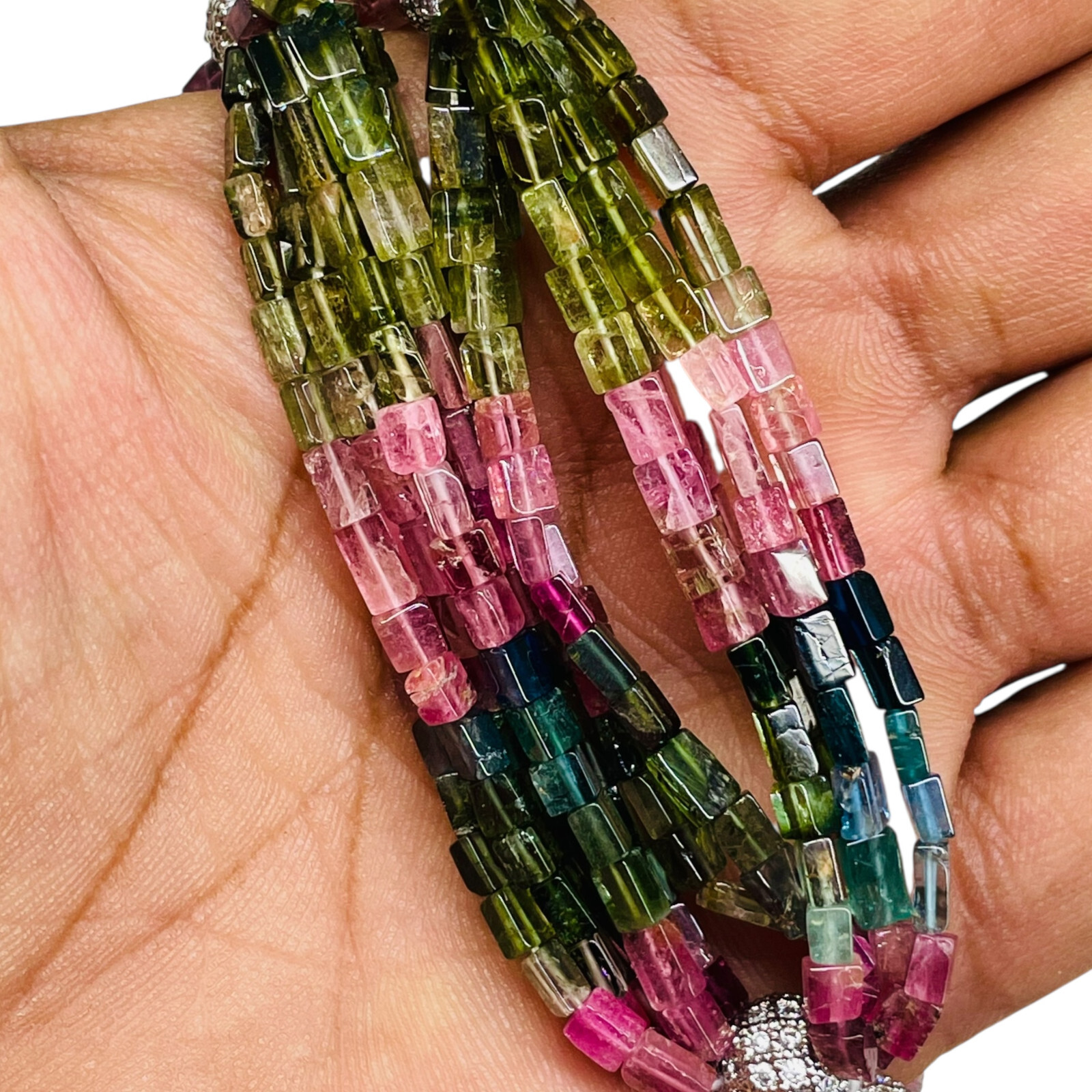 6 Strands Natural Tourmaline Octagon Beads Boutique Necklace 925 Silver Clasp