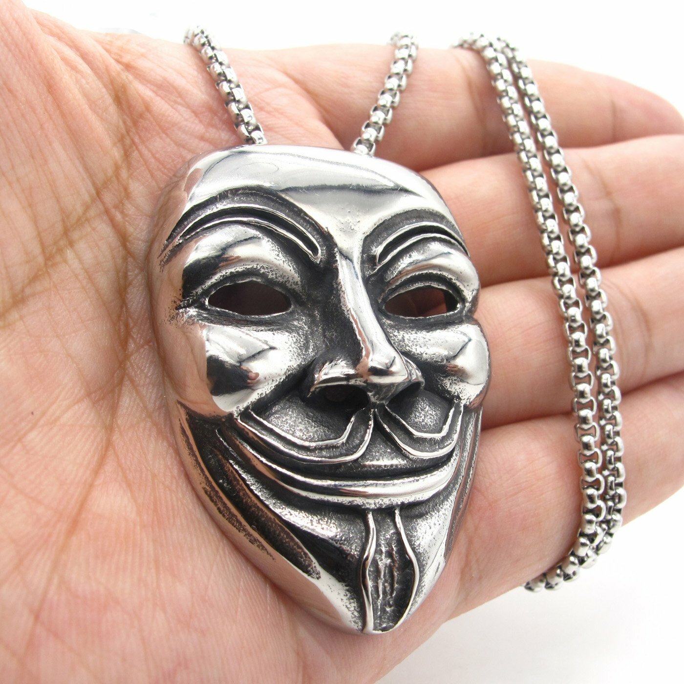 MENDEL Mens Stainless Steel Hip Hop Rapper Biker Anonymous Mask Pendant Necklace