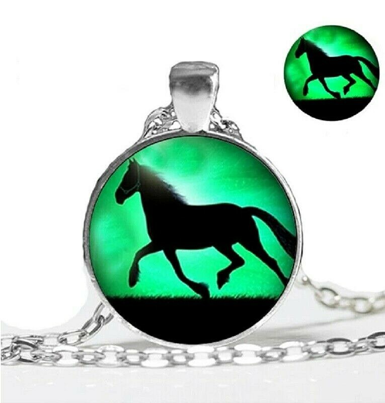 RUNNING HORSE 1-1/8″ Glow in the Dark Metal & Dome Pendant 22-24″ Necklace (#36)