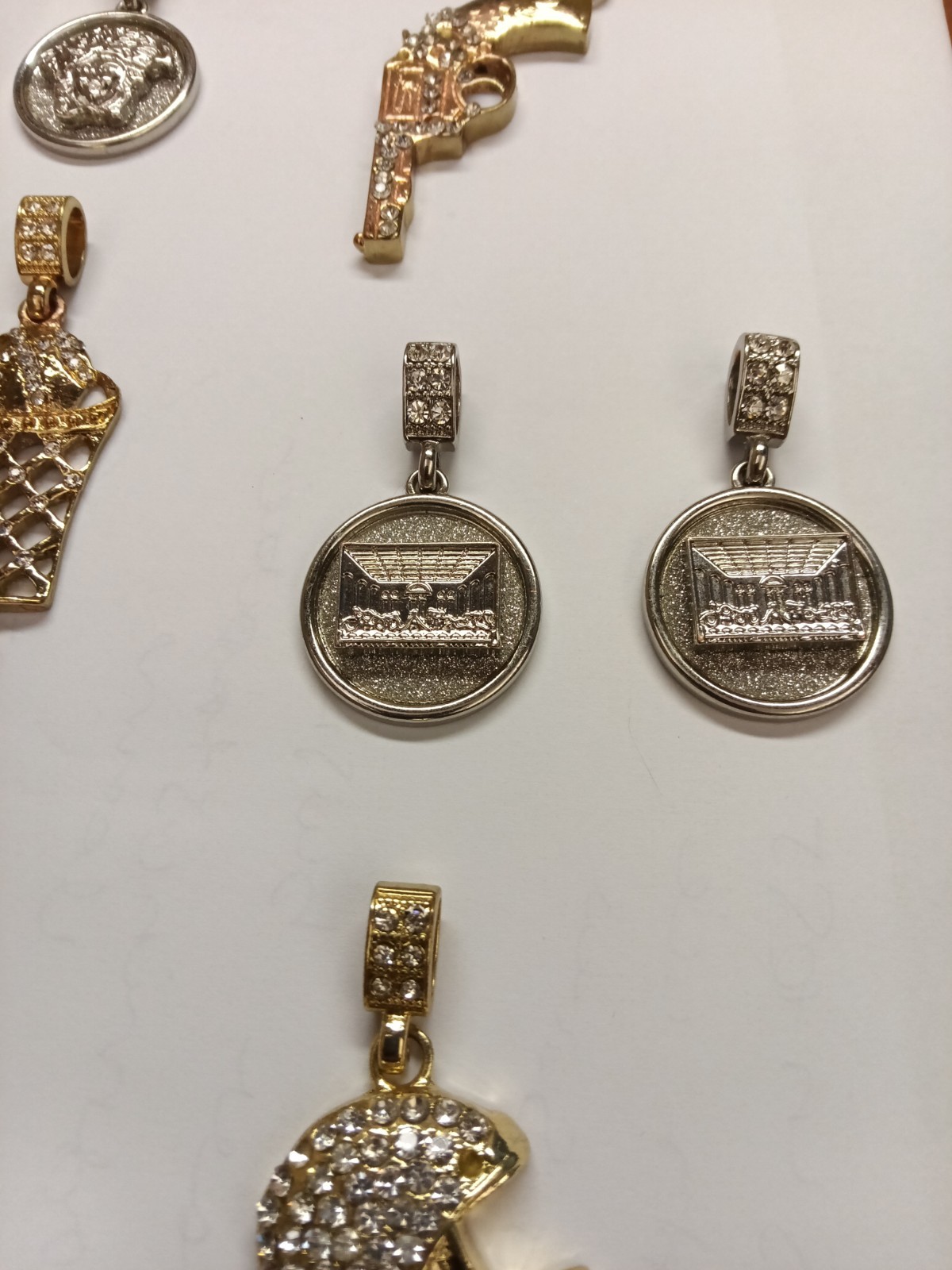 Mixed Gold & Silver Tone Pavé Clear Stone Charm Pendant Lot Of 7, Angels/Sports