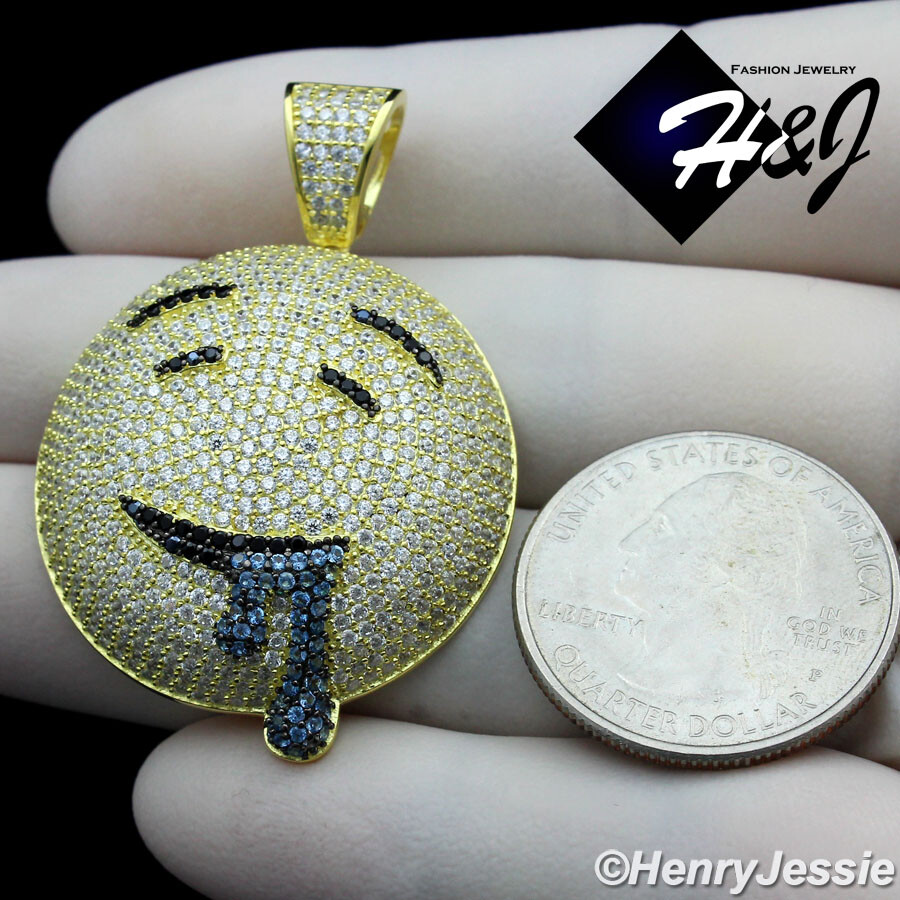 925 STERLING SILVER ICY CUBIC ZIRCONIA GOLD PLATED 3D DROOLING FACE PENDANT*G249