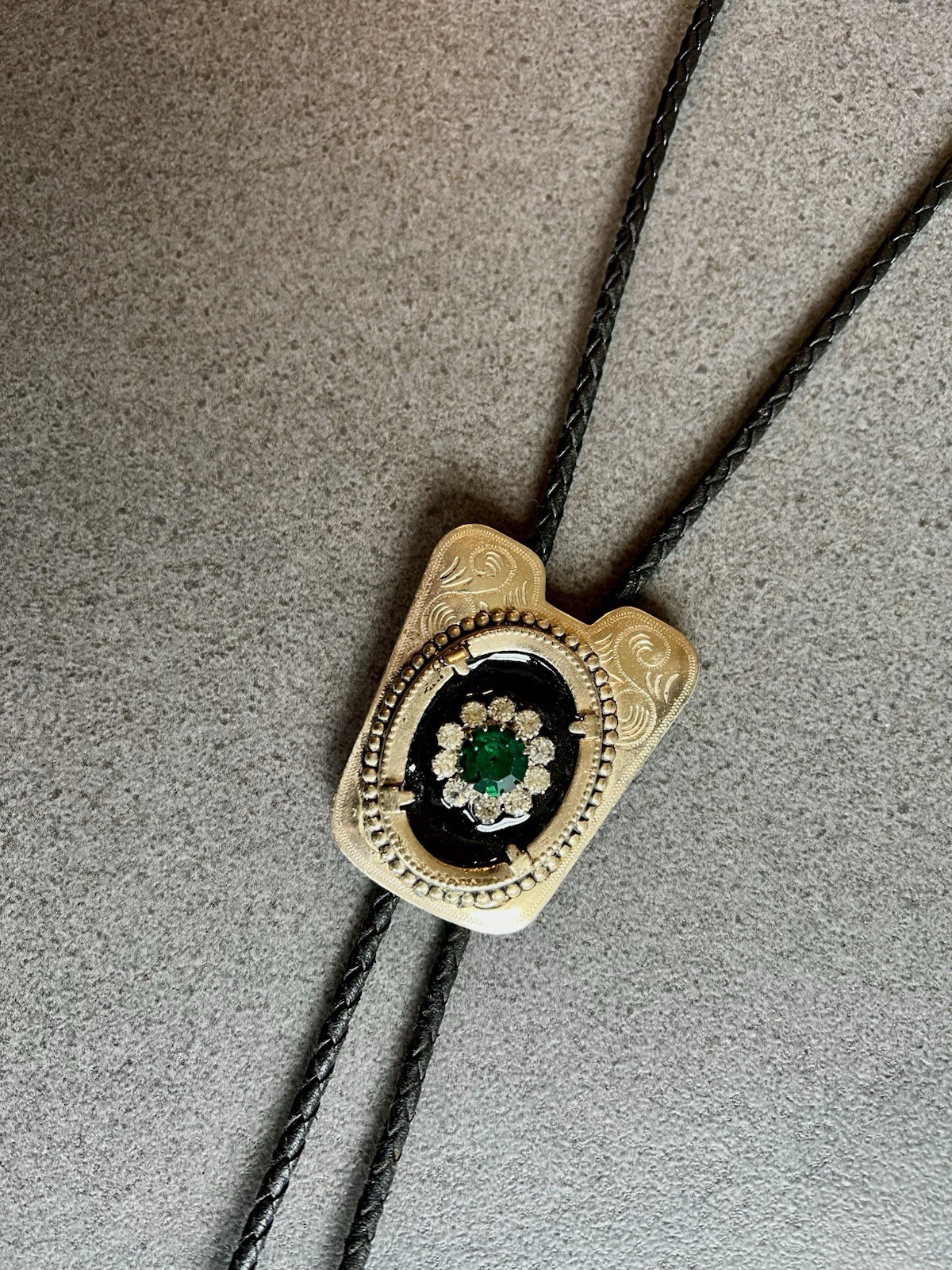 Gold Tone Western Bolo Tie w/ Green Rhinestone and Black Faux Onyx