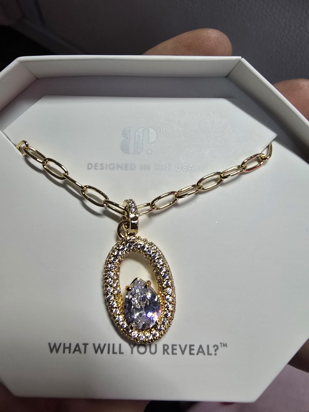 BP Gold Plated Oval Link Chain Teardrop CZ Pendant Necklace 18in Adj NK60295
