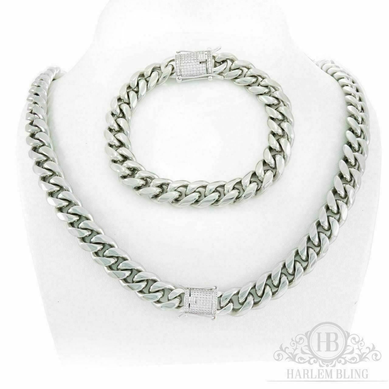Cuban Miami Silver Bracelet & Chain Set Stainless Steel 925 Simulated Diamond