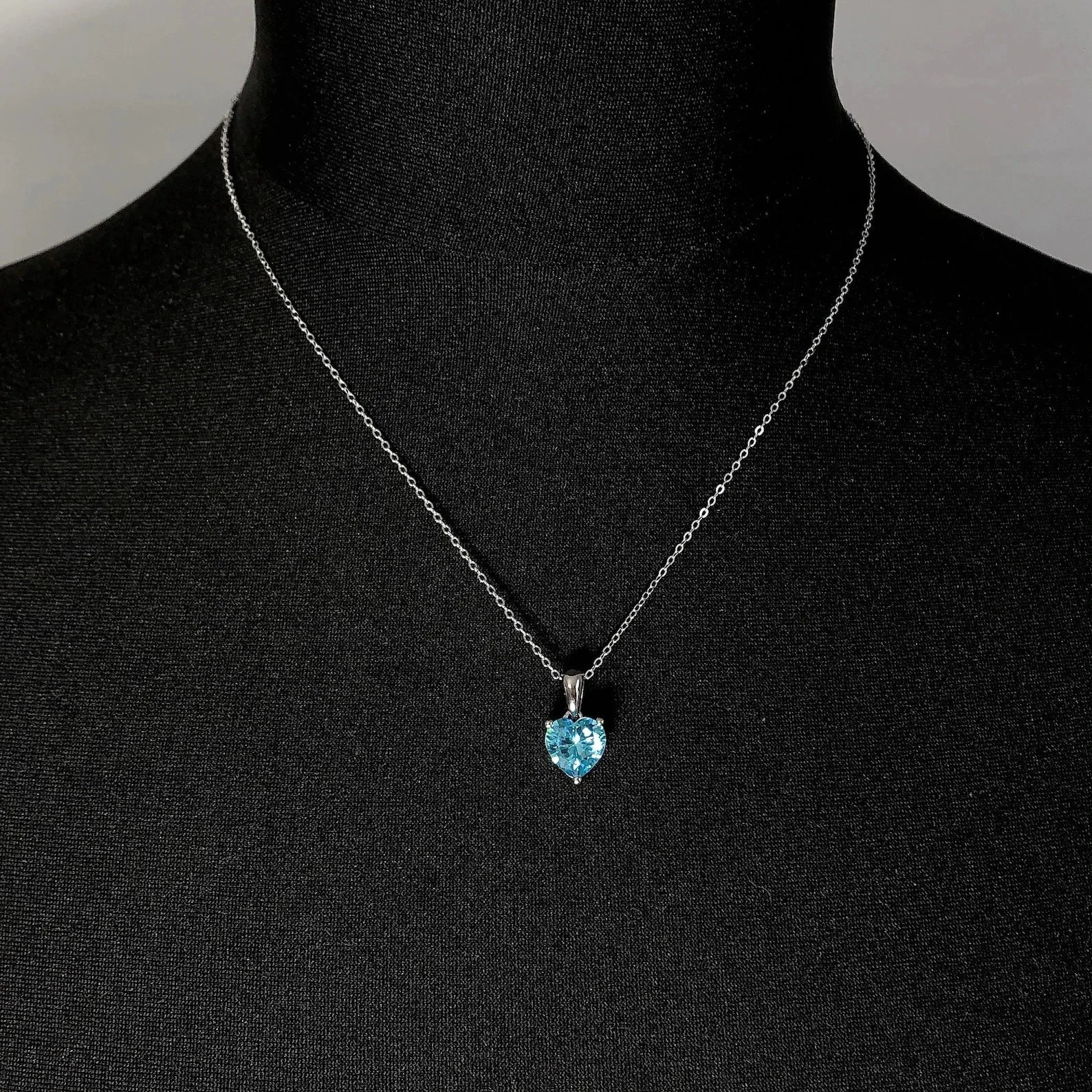 7MM Heart Cut Simulated Blue Topaz Pendant 14K White Gold Plated 925 Silver