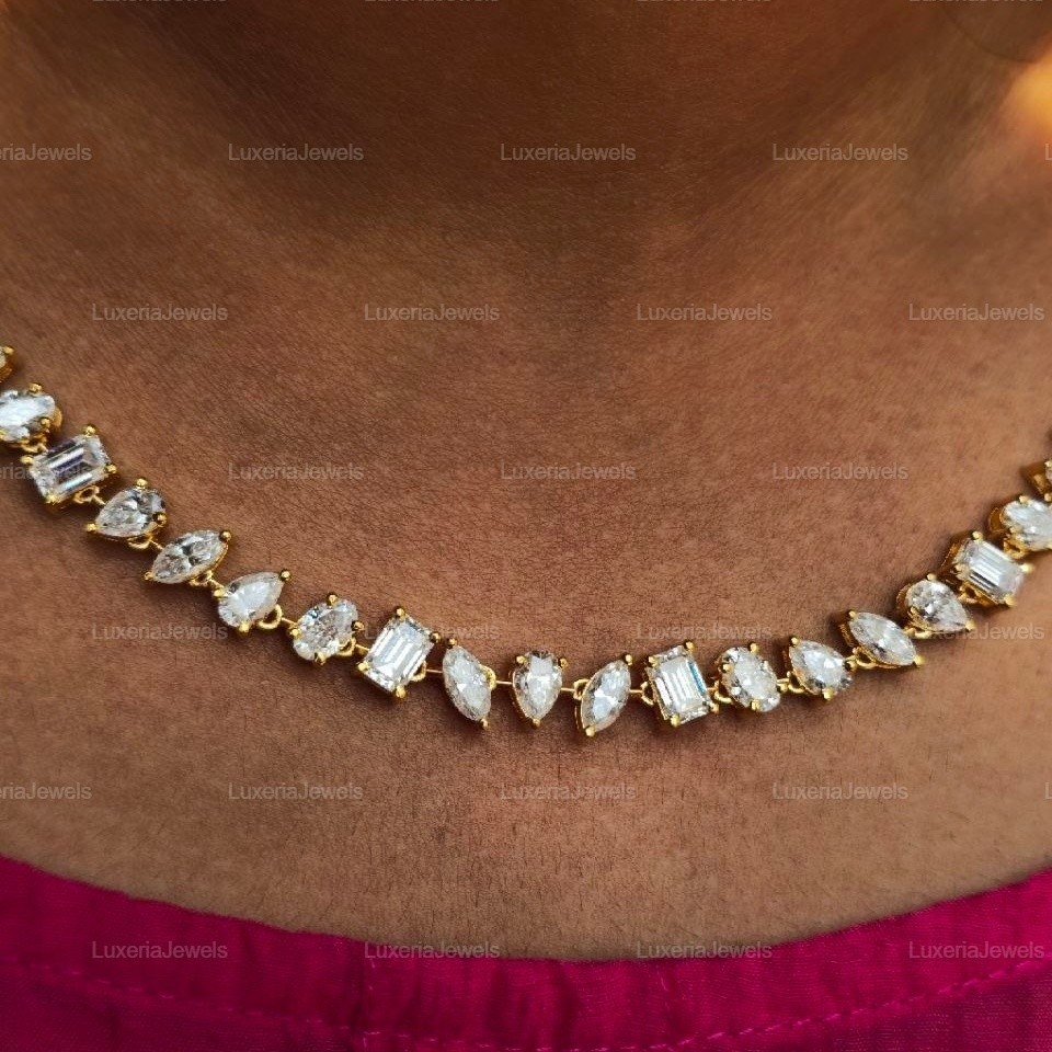 32TCW Mix Shape Moissanite Necklace, Statement Necklace, Bridal Necklace, Gift