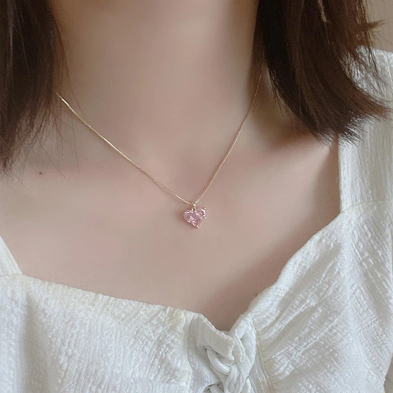 Women’s Fashion Jewelry Gold Pink Rhinestone Heart Pendant Necklace Gift Her USA