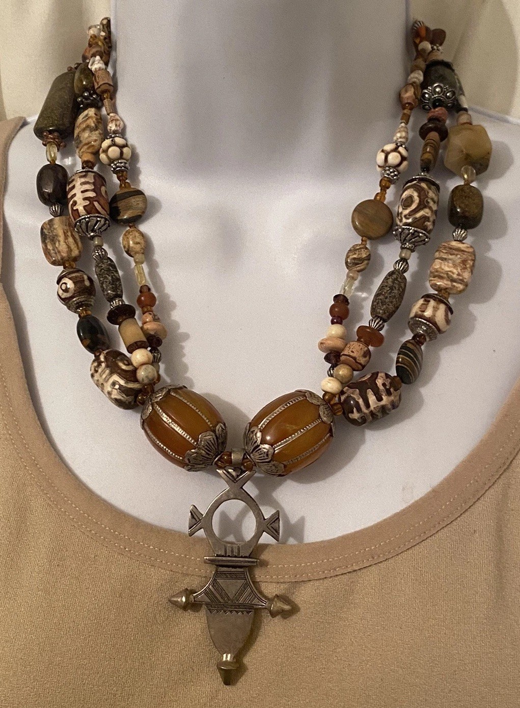Global Trade Bead Necklace Amber Gemstone DZI Shell Glass Tuareg Cross Pendant