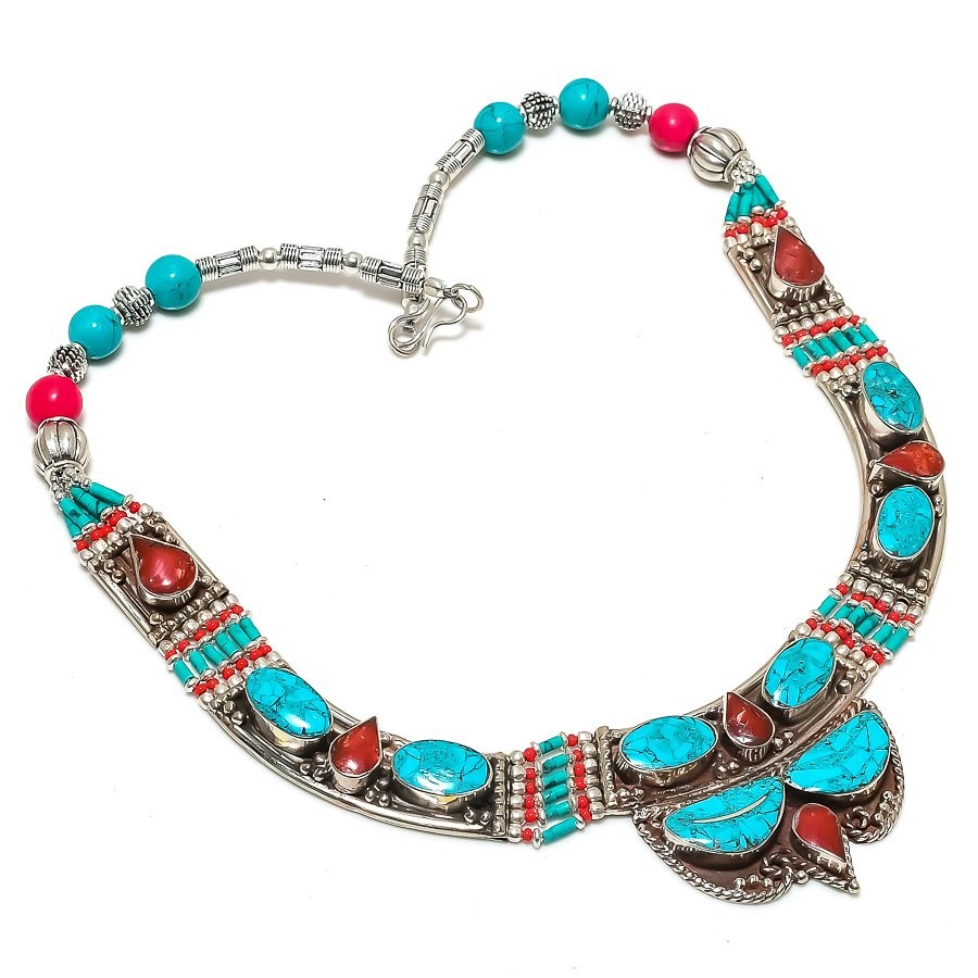 Turquoise Coral Gemstone Tibetan Necklace Ethnic Handmade Jewelry Nepali 18″ N48