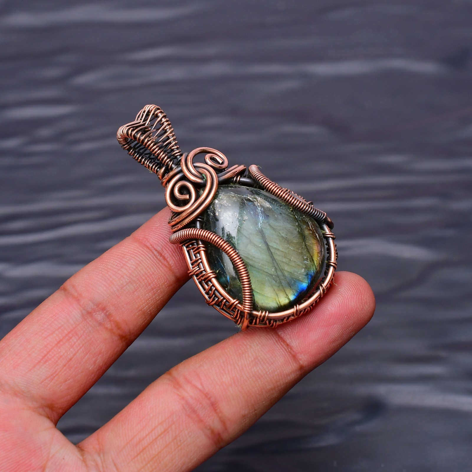Labradorite Gemstone Copper Wire Wrapped Handmade Jewelry Pendant 2.08″