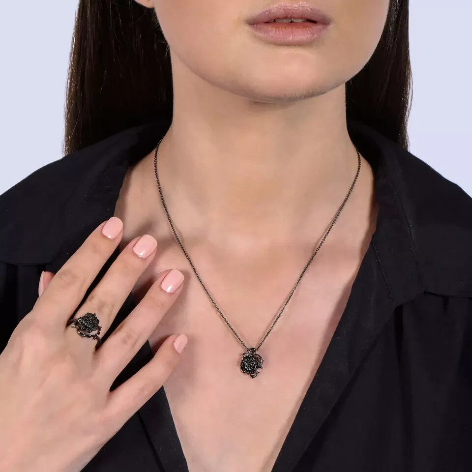 Black Simulated Diamond 925 Silver Women 18mm Rose Pendant Necklace