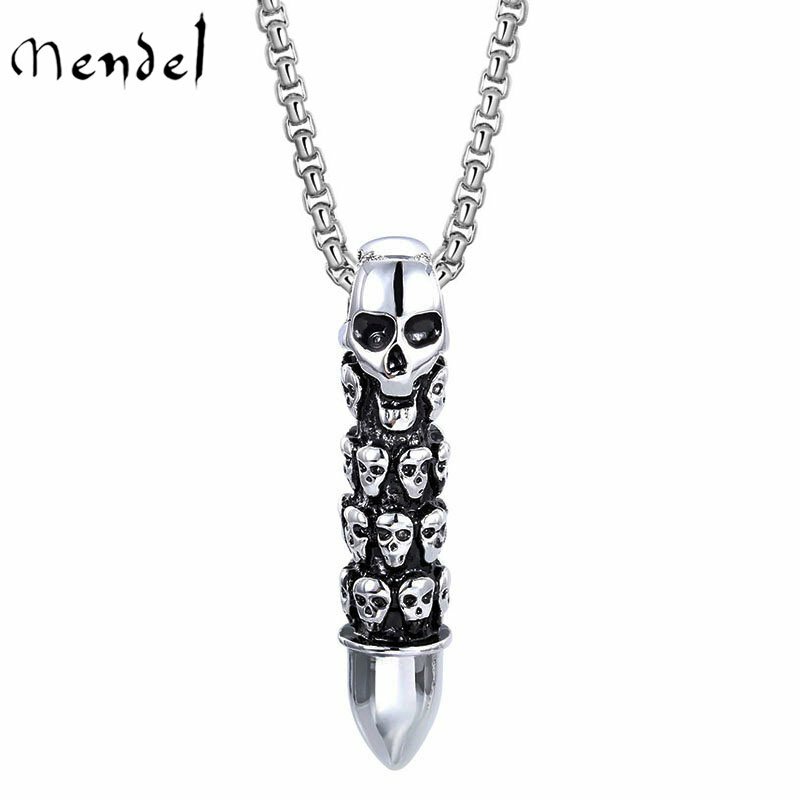 MENDEL Cool Mens Boys Stainless Steel Biker Punk Skull Bullet Pendant Necklace