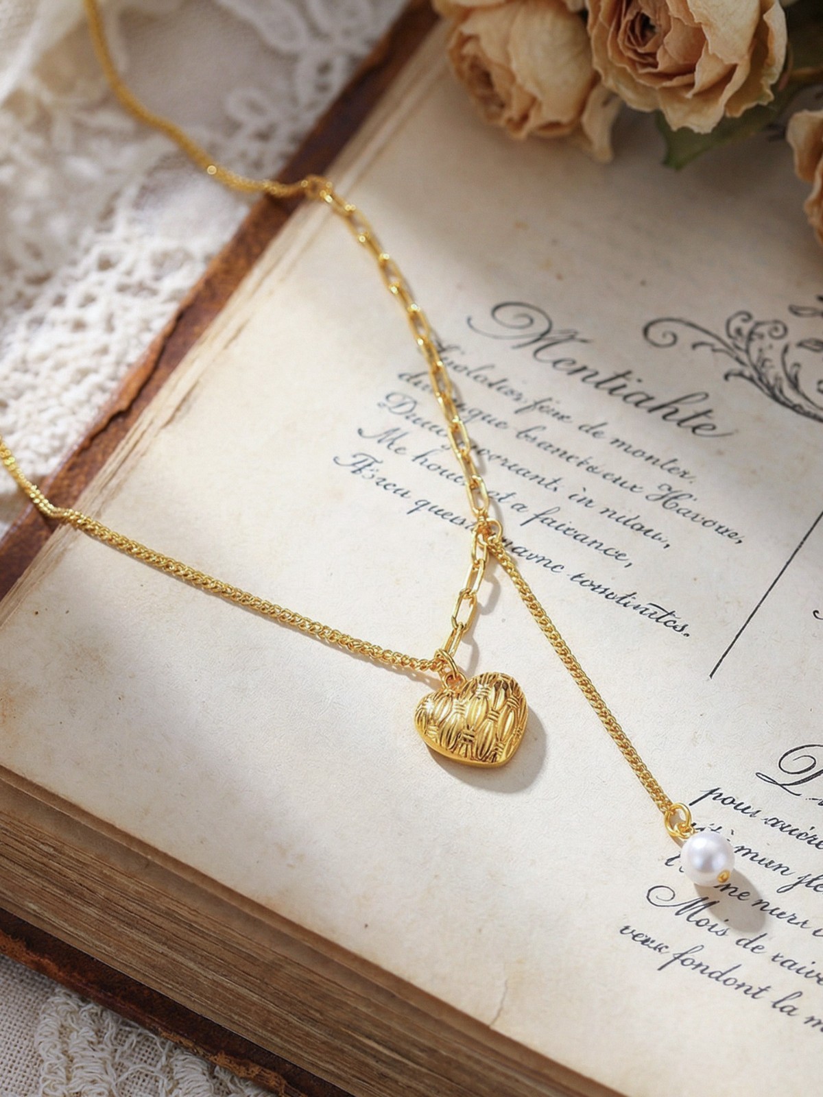 18K Gold Plated Stainless Steel Heart Pendant Faux Pearl Drop Necklace