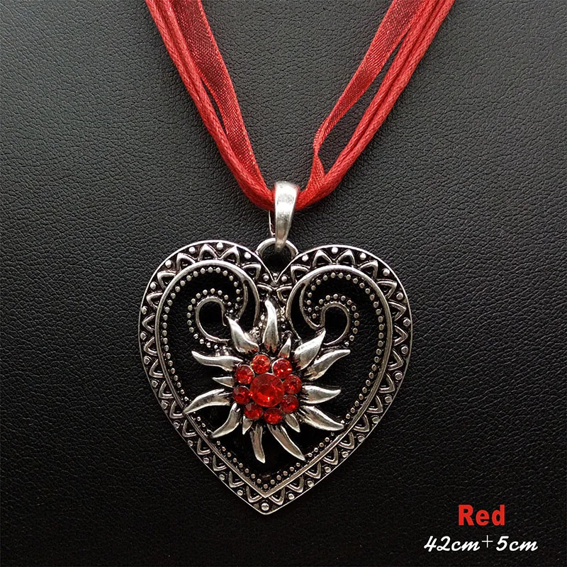 New Vintage Heart Edelweiss Flowers Necklace Organza Ribbon Pendant Women