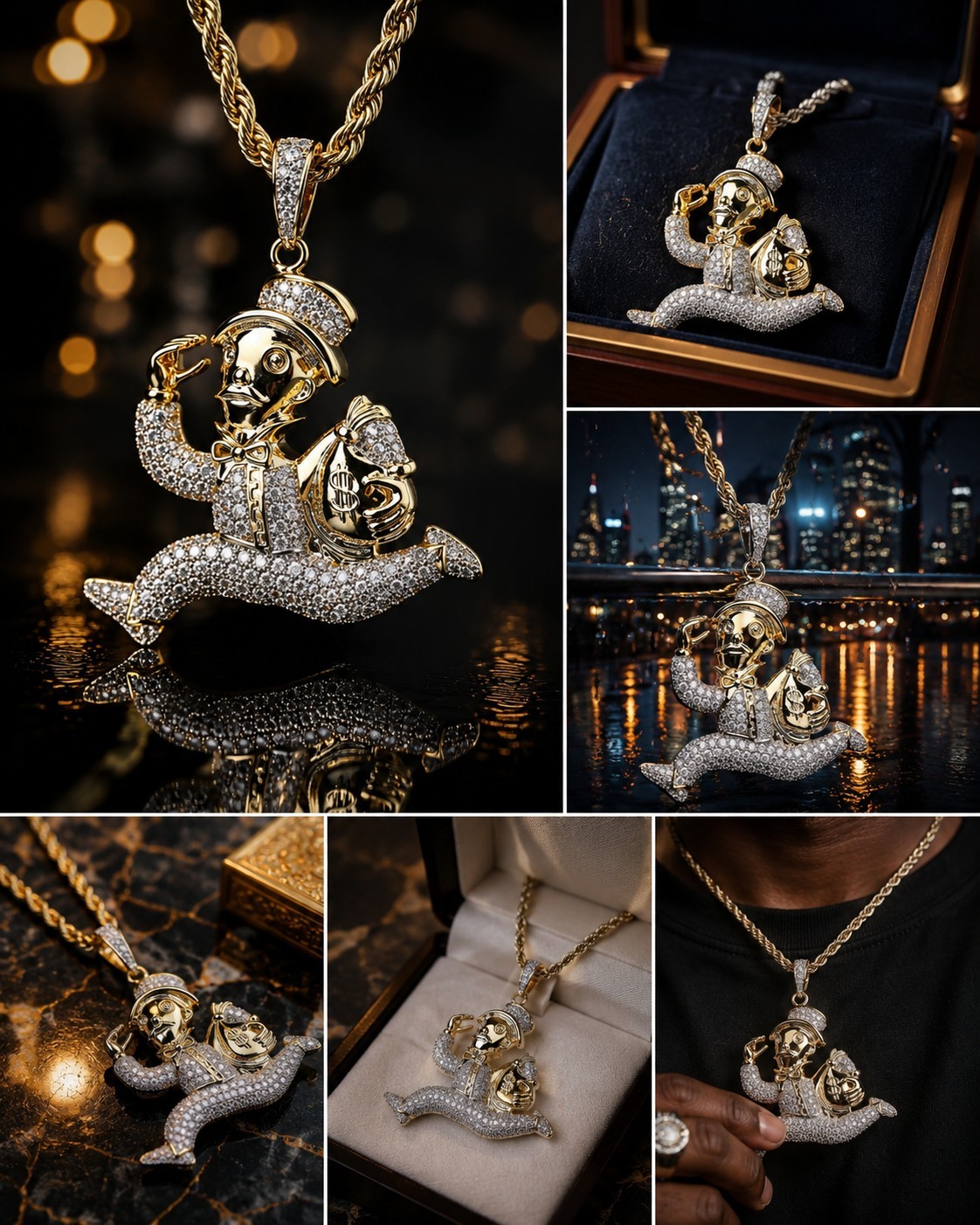Gold Tone Monopoly Style Money Bag Pendant Necklace CZ Hip Hop Rope Chain 24″