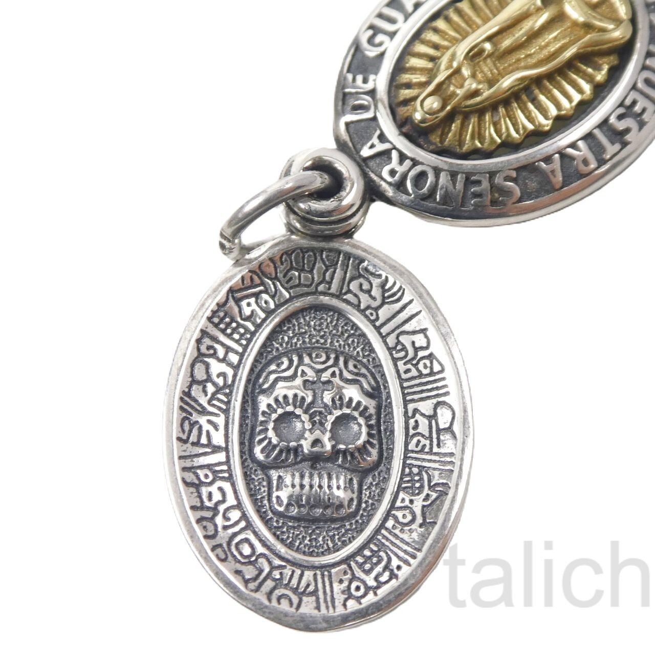 Sterling Silver Virgin Mary Our Lady of Guadalupe & Skull Double Charm Pendant