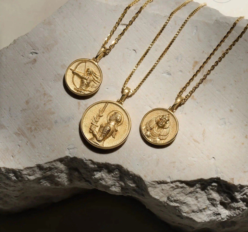 18K Gold Plated Greek Mythology Coin Pendant and Necklace / Athena Goddess Gold