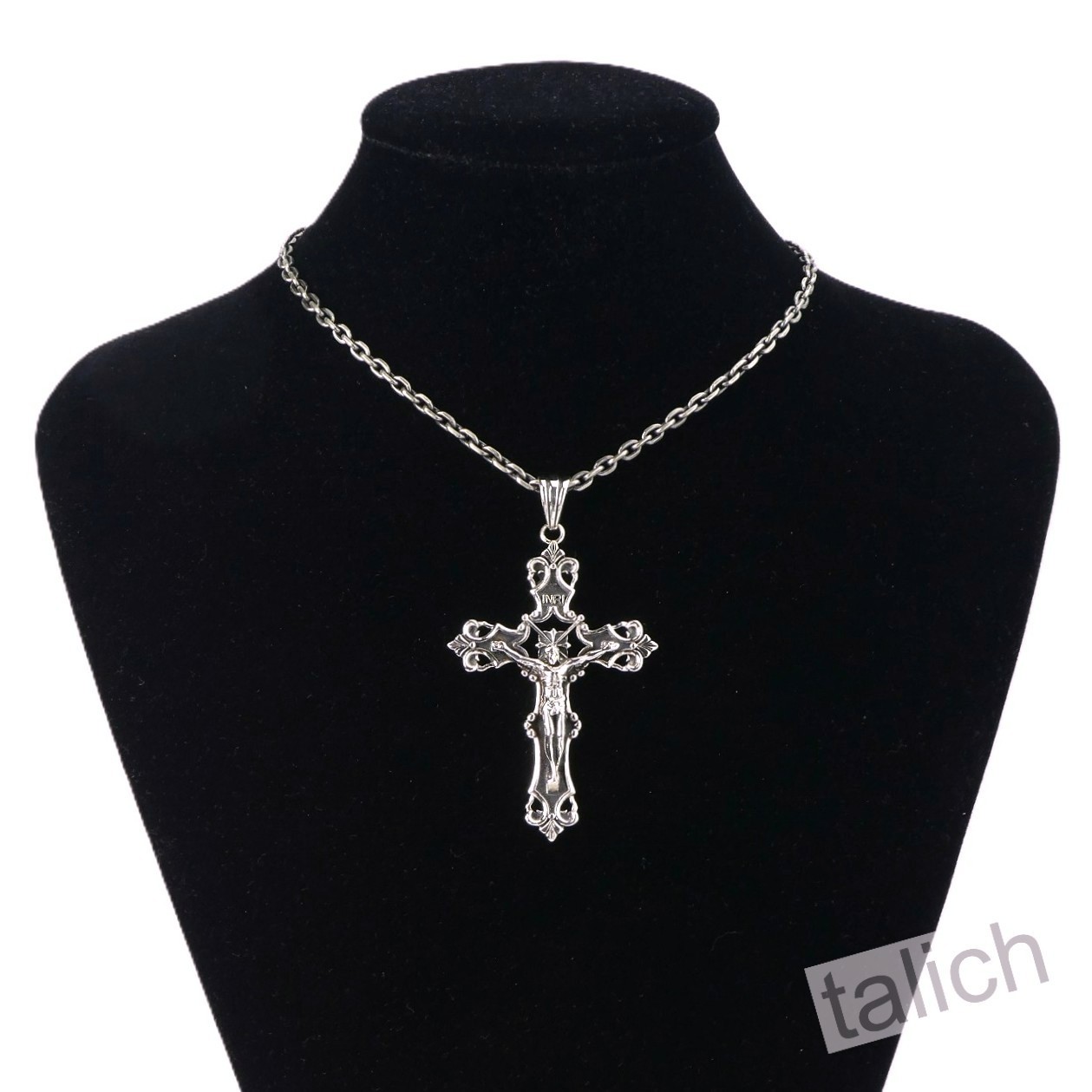Solid 925 Sterling Silver Ornate Floral Scroll Crucified Jesus Cross Pendant