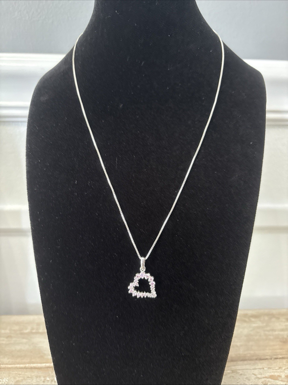 925 Sterling Silver Italy Box Chain Necklace Pink CZ Heart Pendant 18” Excellent