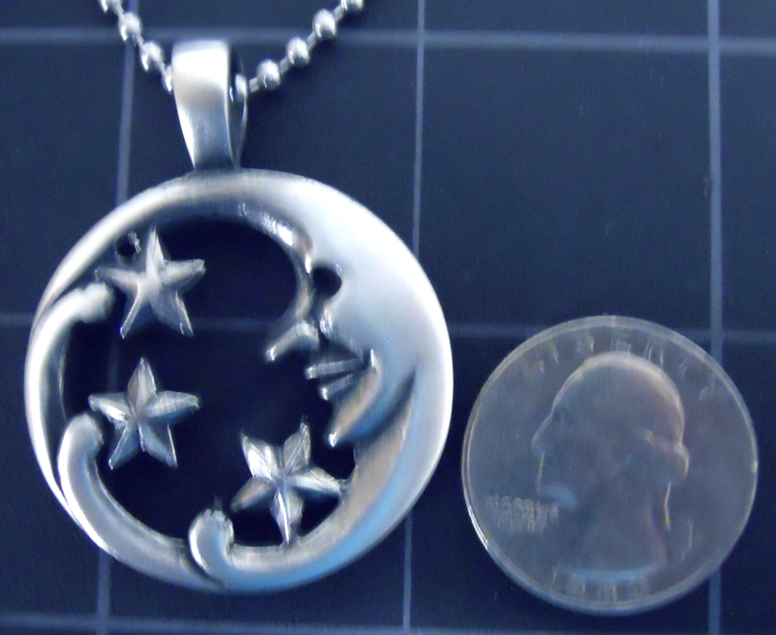Necklace MOON & STARS Pendant Stainless Steel Ball Chain New Old Stock Rare