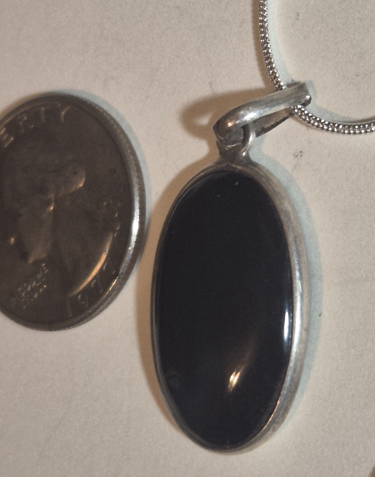 925 Sterling Silver Black Onyx Oval Cabochon Necklace 7.6g Polished Gemstone