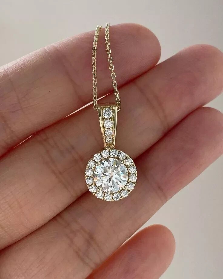 2Ct Round Cut Simulated Diamond Halo Women’s Pendant In 14K Yellow Gold Plated