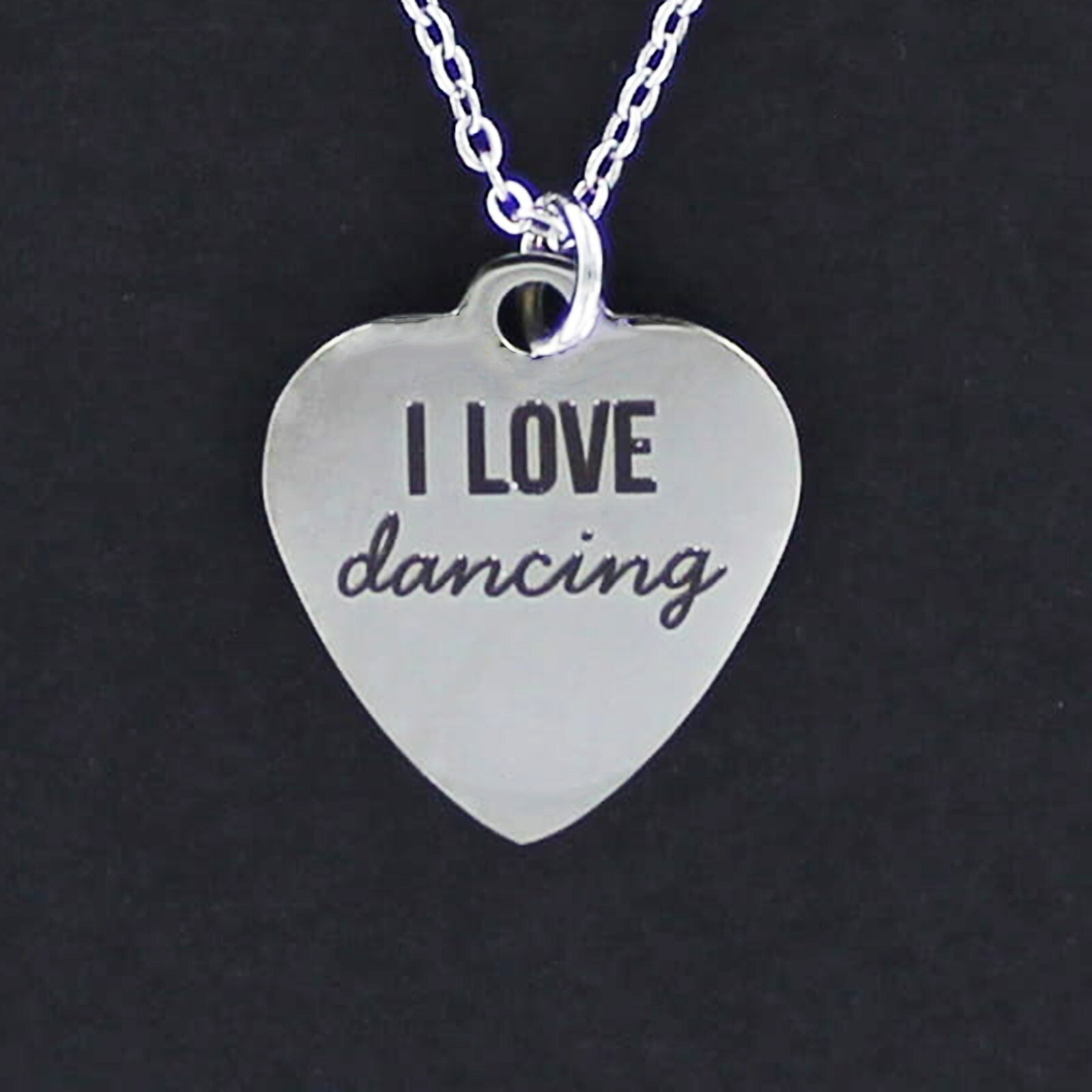 I Love Dancing Heart Necklace Engraved Stainless Steel Adjustable Chain Charm