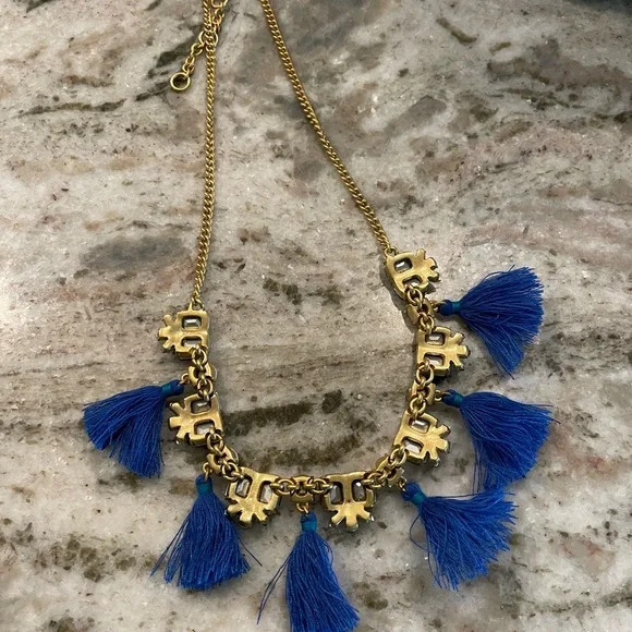 J Crew Blue Tassel Crystal Statement Necklace Gold Tone Mixed Gemstone Fringe