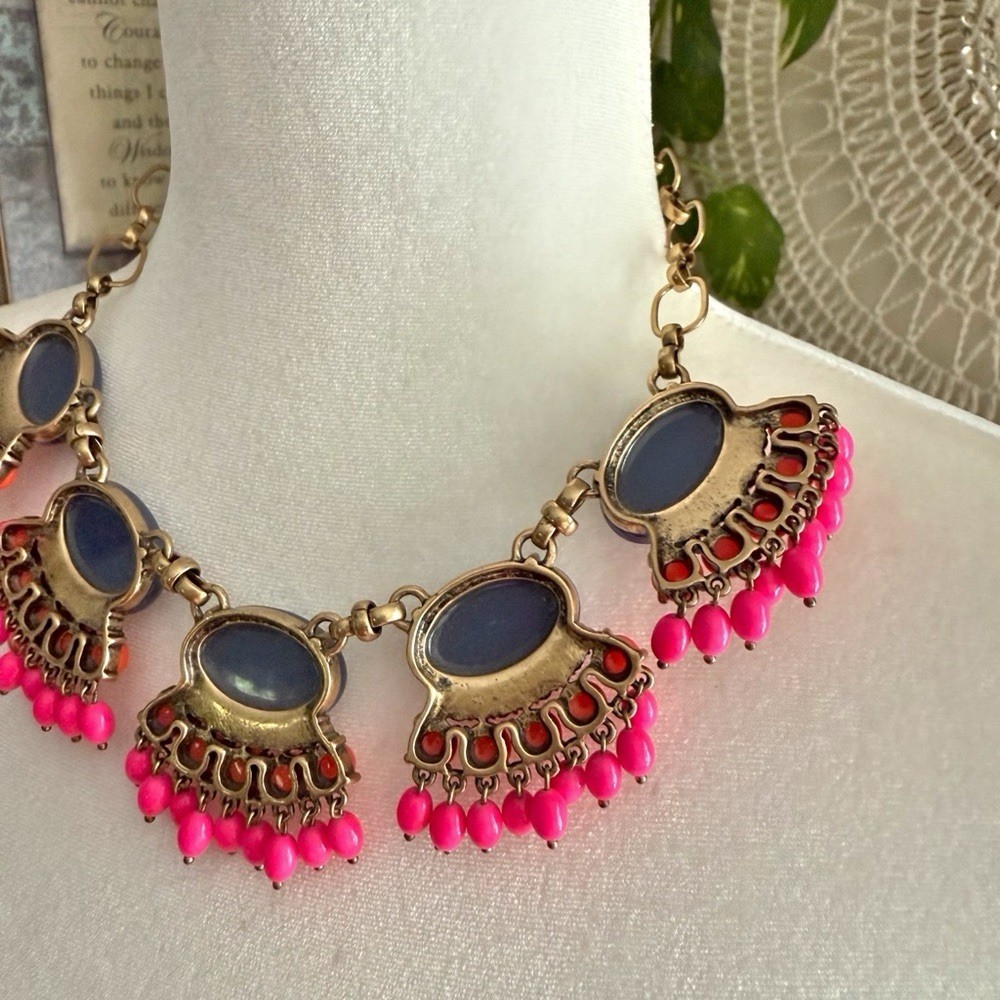 J.Crew Fan Fringe Statement Necklace Navy Blue Coral Pink Beaded Bib Chunky