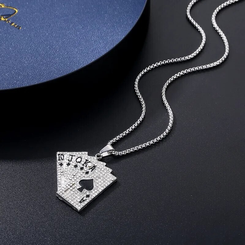 Poker Straight Flush Pendant Titanium Steel Necklace with Chain Decor Accessory