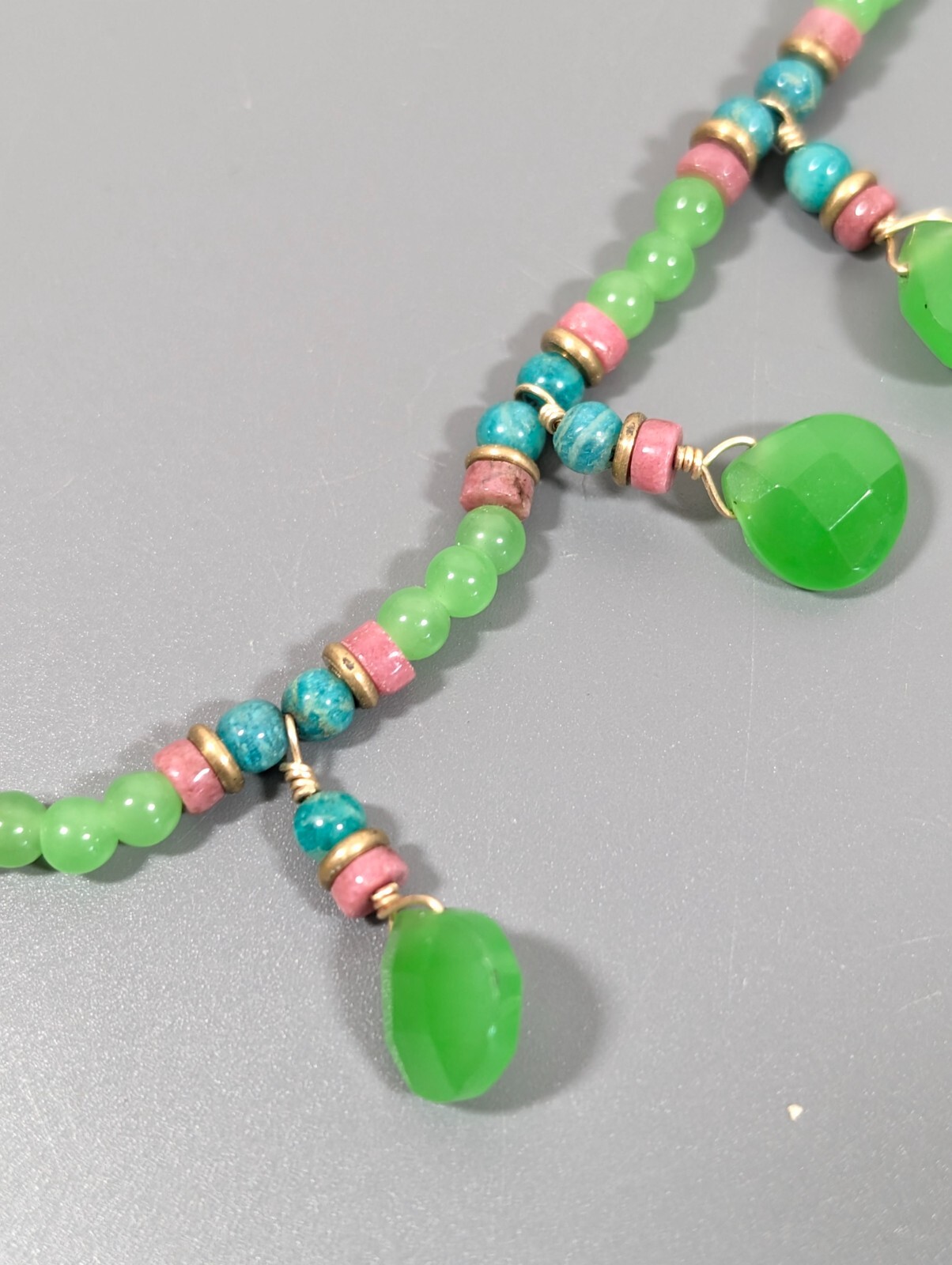 Tribal Western Boho Green Stone Teardrop Charm Pink Stacked Bead Necklace 15 in