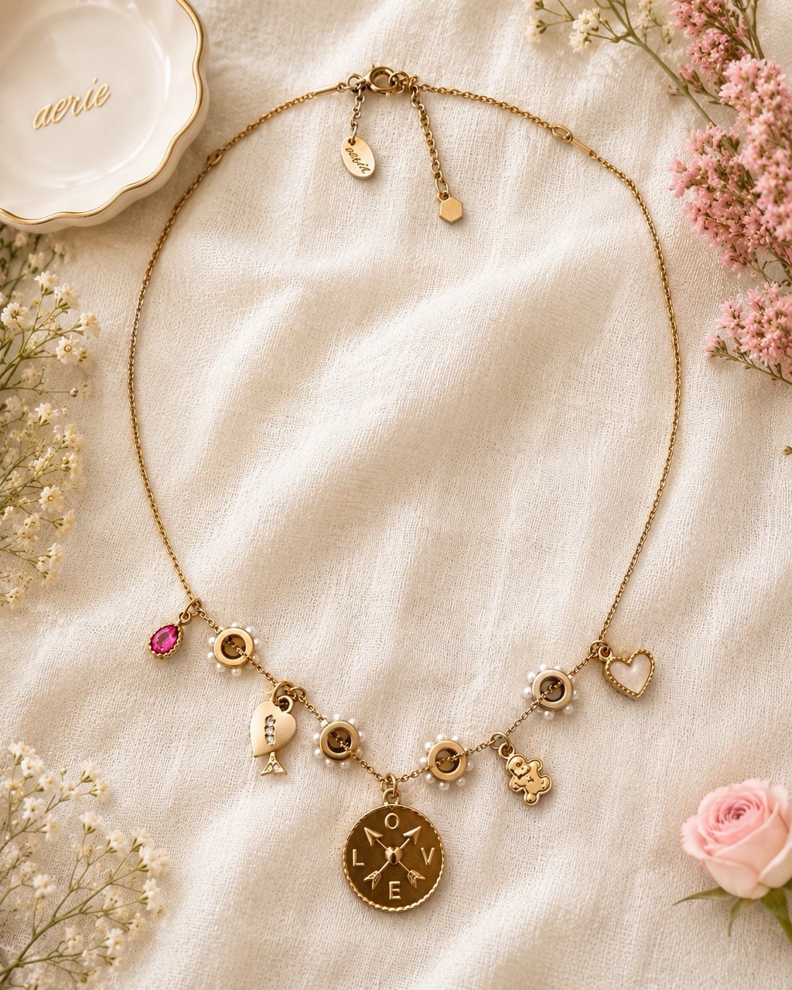 Aerie Gold Tone Charm Necklace Heart Teddy Bear LOVE Faux Pearl Adjustable 18-21