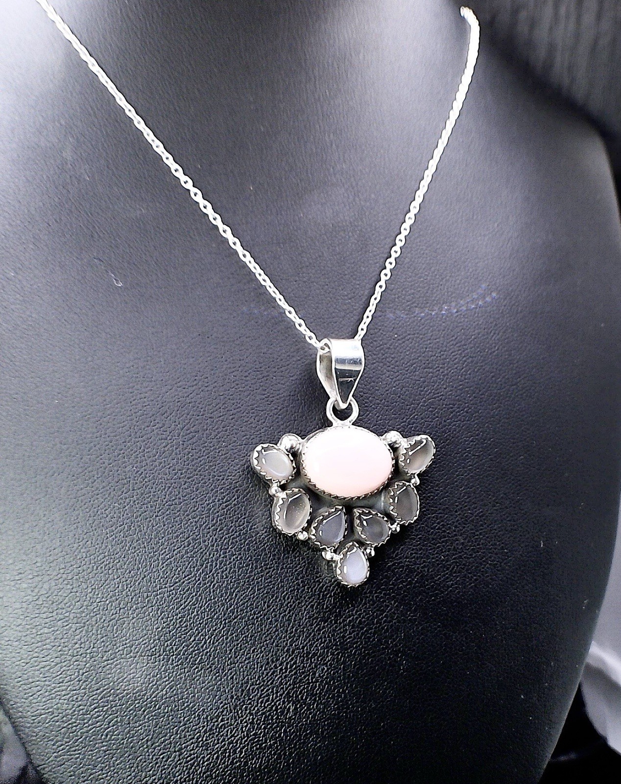 Genuine Queen Pink Conch & Moonstone Pendant with 925 Sterling Silver Chain