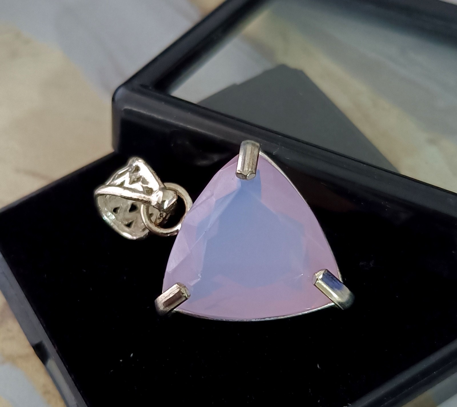 40 Ct Natural Pink Opal Gemstone -Trillion Cut Sterling Sliver Solitaire Pendant