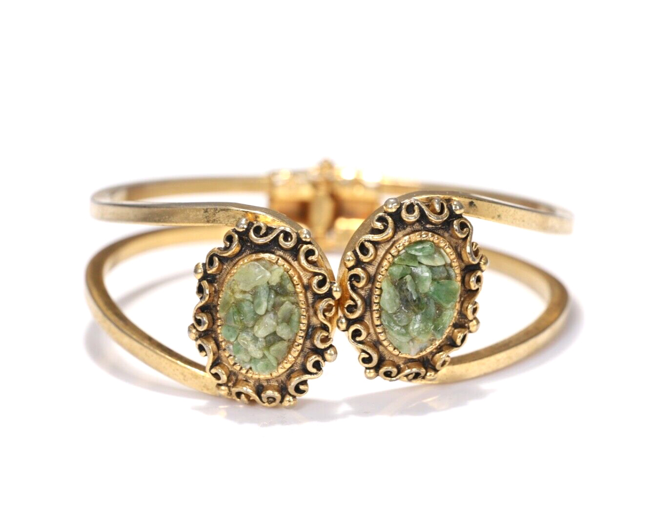 Vintage Jade Flower Gold Tone Clamper Cuff Bracelet