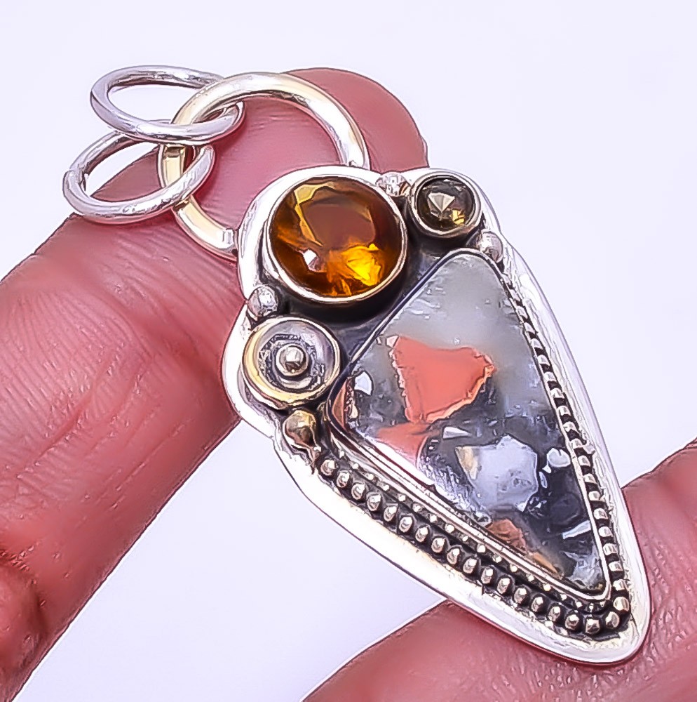 Malingano Jasper & Smoky Quartz Gemstone 925 Sterling Silver Pendant 1.95″ A399