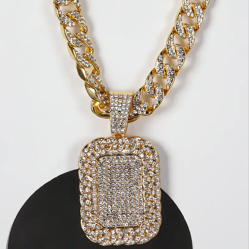 Cubic Zirconia Bling Large Dog Tag pendant 18″ Iced Cuban Choker Chain Necklace