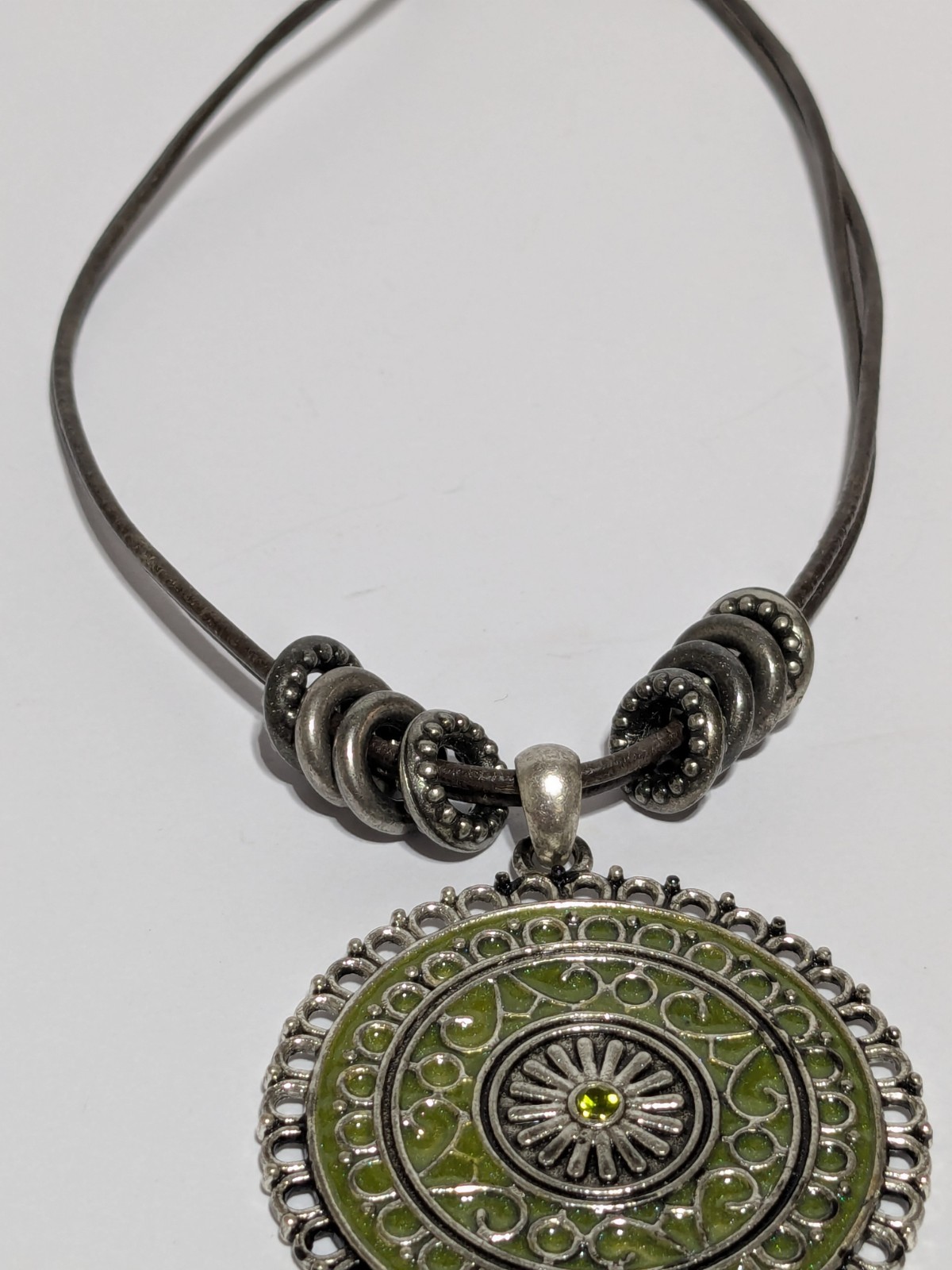 Faux Leather Brown Necklace With Silver Tone & Green Enamel Medallion Pendant