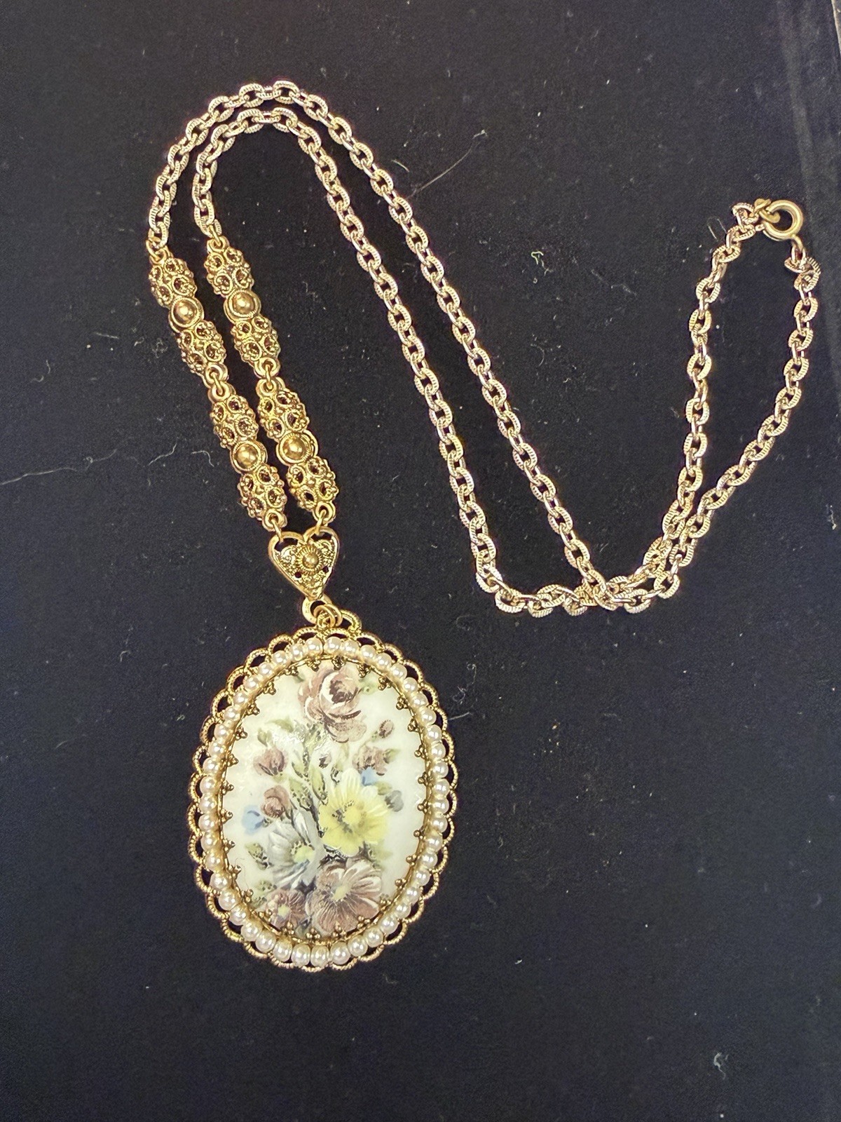 Vintage West Germany Painted Porcelain Floral Pendant 15”