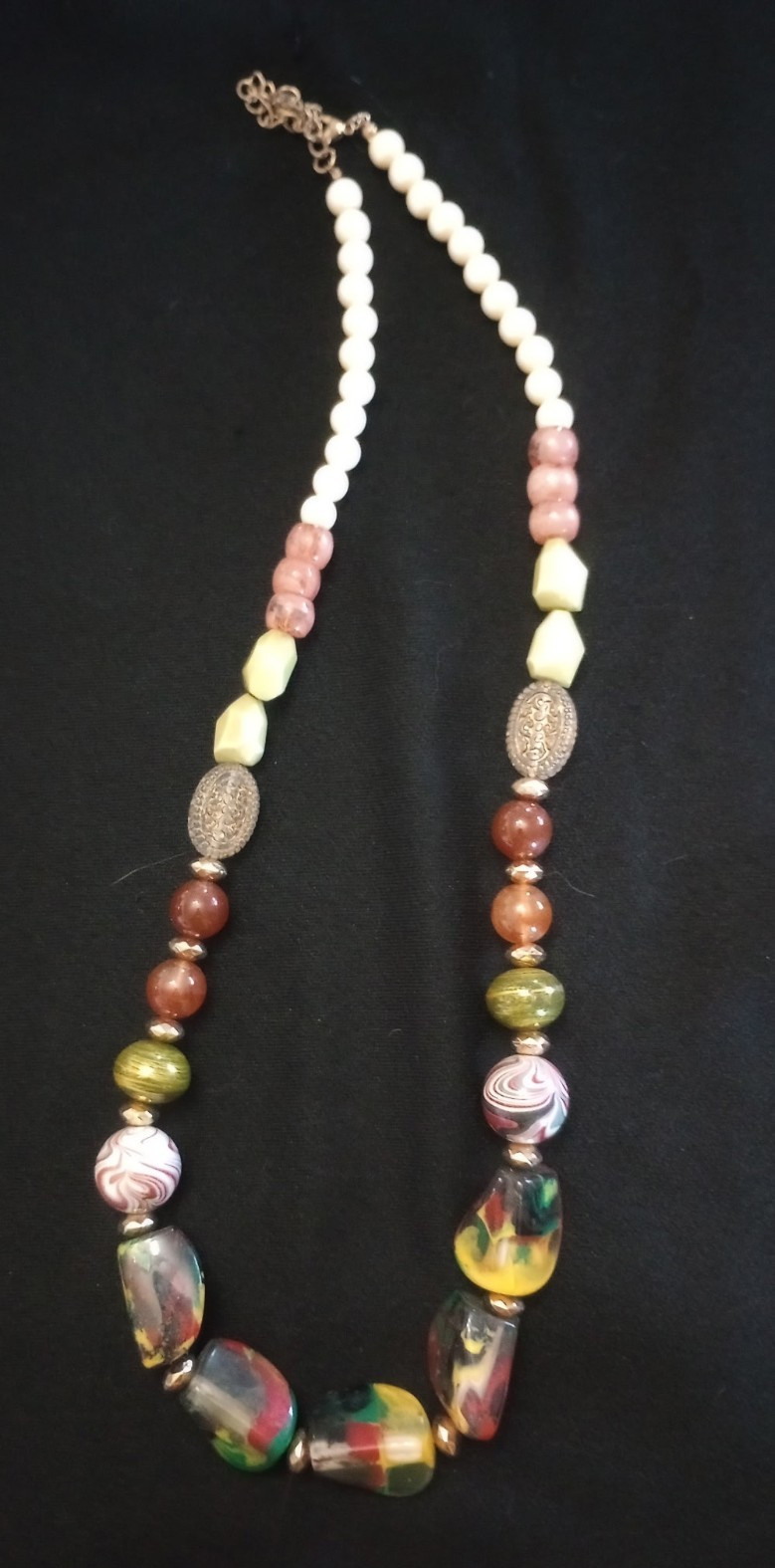 Multicolor Glass & Plastic Beaded Necklace, White & Pink Beads, Adjustable