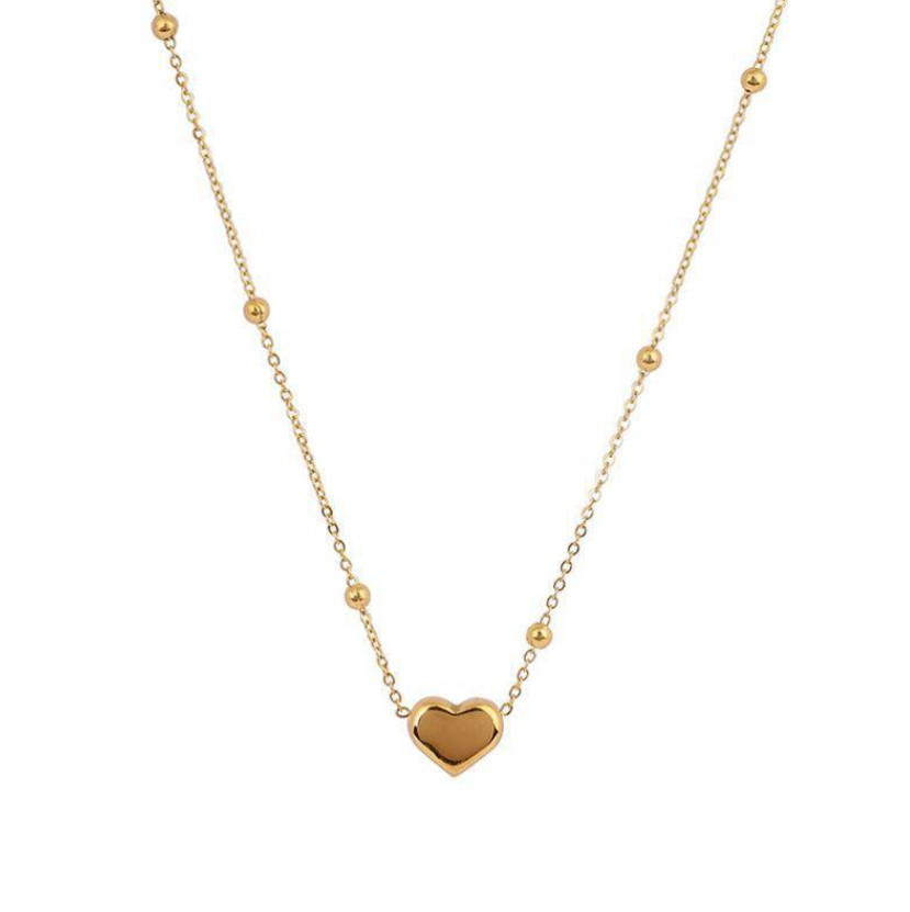 Silver Gold Stainless Steel Love Heart Shape Pendant Beads Chain Necklace PE49
