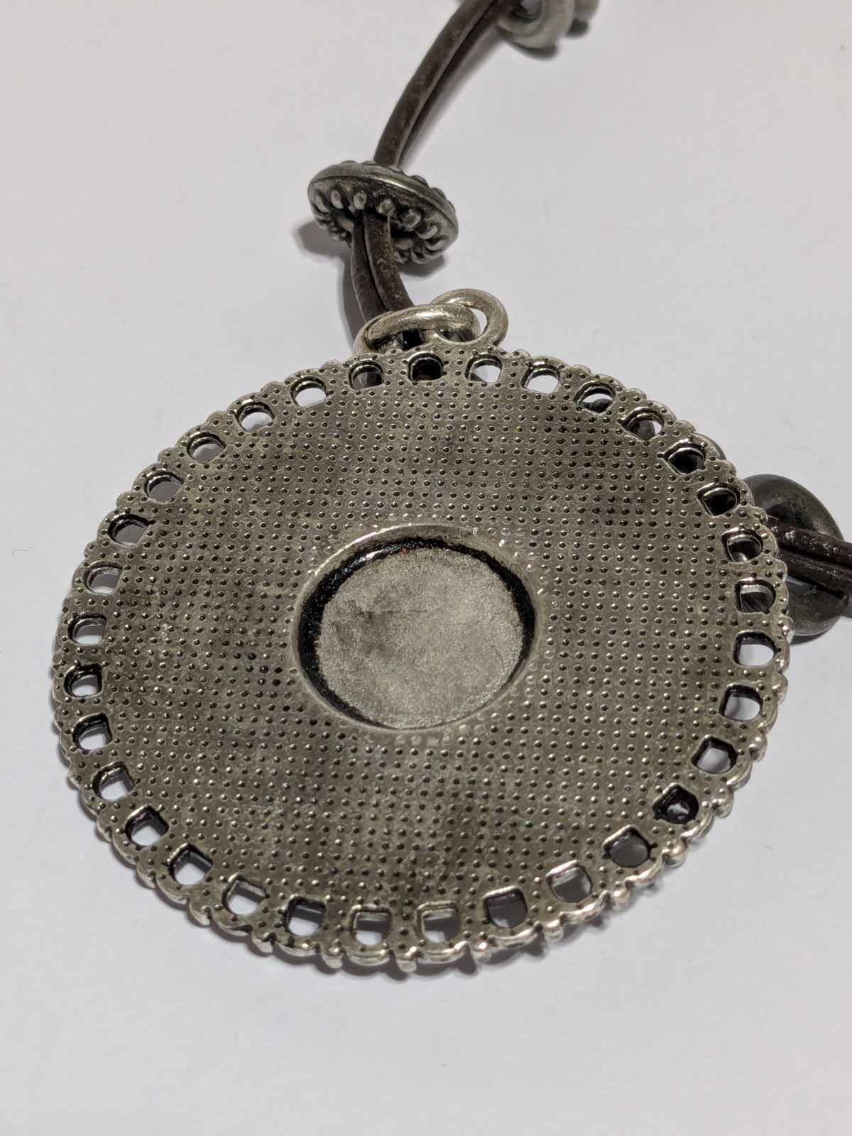 Faux Leather Brown Necklace With Silver Tone & Green Enamel Medallion Pendant