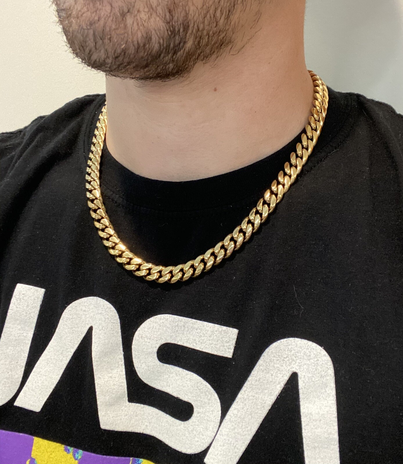 10mm 20″ Miami Cuban Link Men Choker Real Solid 14k Gold Vermeil Stainless Steel