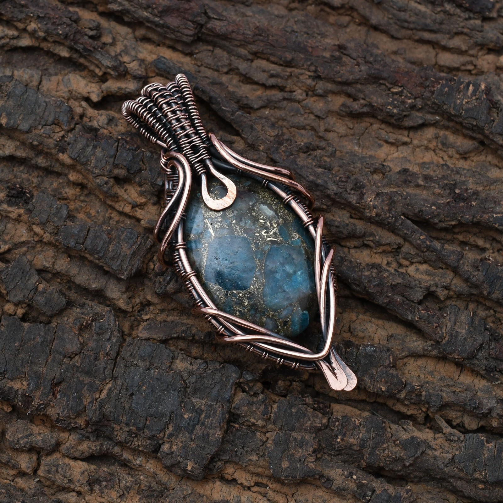Copper Neon Apatite Pendant Copper Wire Wrapped Handmade Jewelry Pendant 2.15″